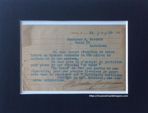 Carta comercial de la Manufacture d'Orgues Gasparini a Armand Dorchin (Barcelona), París, 31 de agosto de 1919, relativa al suministro de 200 metros de cartones perforados y al repertorio musical para órgano automático.