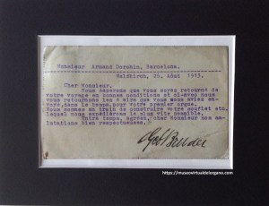 Carta comercial de Gebrüder Bruder (Waldkirch, Baden) dirigida a Armand Dorchin (Barcelona), fechada el 26 de agosto de 1913, relativa a la devolución de cuatro piezas musicales y a la construcción de un nuevo encargo para un órgano mecánico.